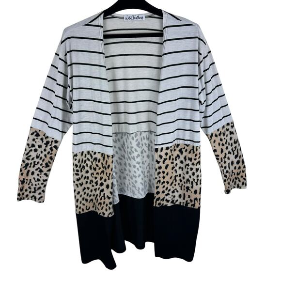 Wild Feathers Striped Animal Print Long Sleeve Lightweight Open Blouse Size XL - Picture 2 of 7